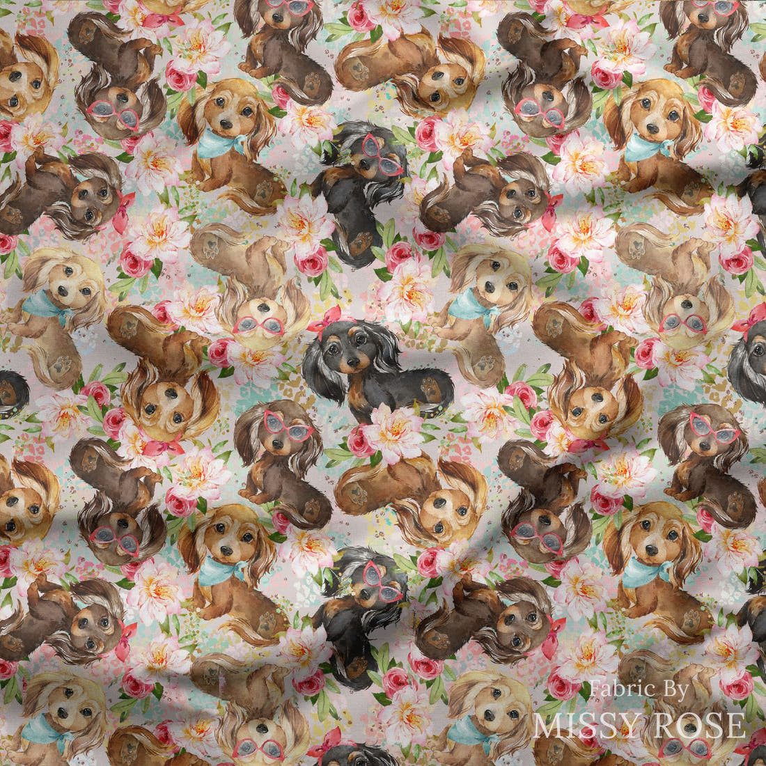 Design 451 Floral Sausage Dog Fabric draped fabric mockup – custom printed fabric by the metre | Fabric by Missy Rose