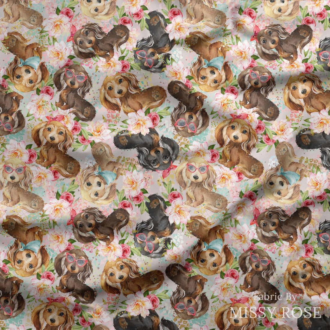 Design 451 Floral Sausage Dog Fabric draped fabric mockup – custom printed fabric by the metre | Fabric by Missy Rose