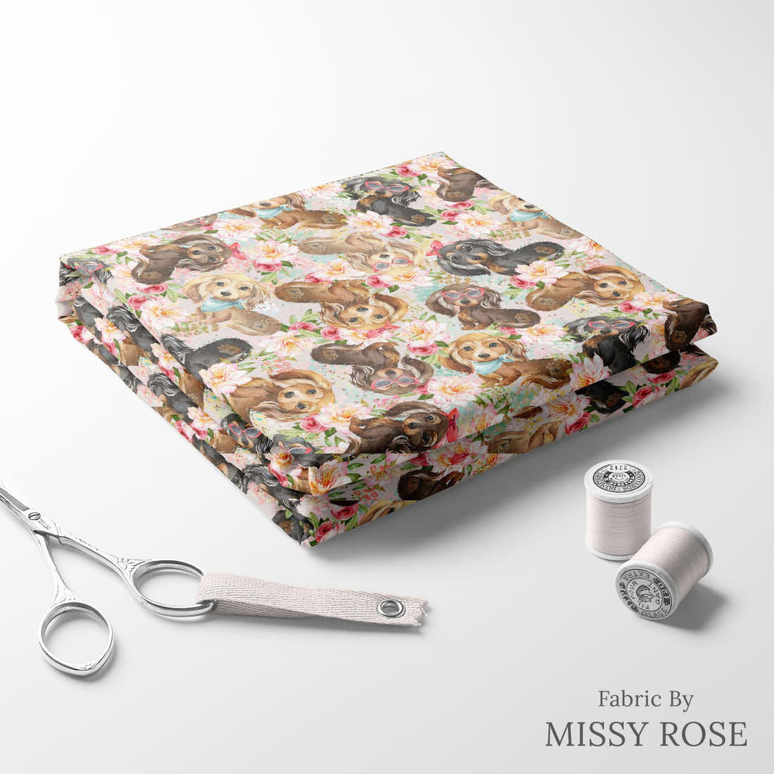 Design 451 Floral Sausage Dog Fabric folded fabric stack with matching thread – pre-order fabric Australia | Fabric by Missy Rose