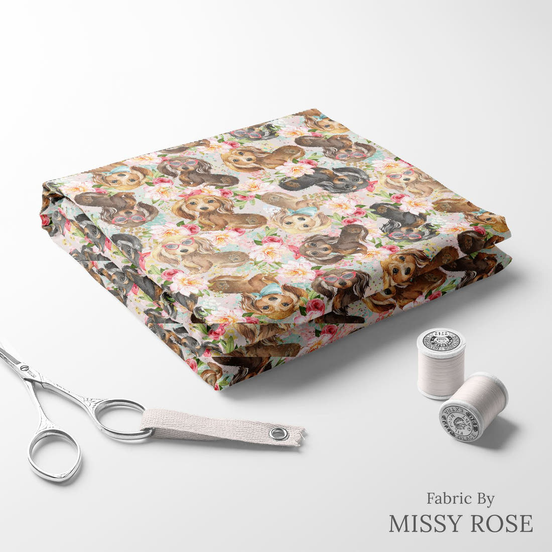 Design 451 Floral Sausage Dog Fabric folded fabric stack with matching thread – pre-order fabric Australia | Fabric by Missy Rose