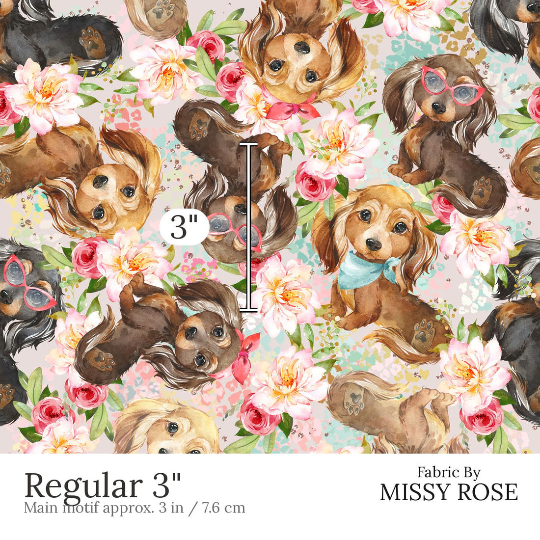 Design 451 Floral Sausage Dog Fabric Regular 3 inch print scale guide | Fabric by Missy Rose