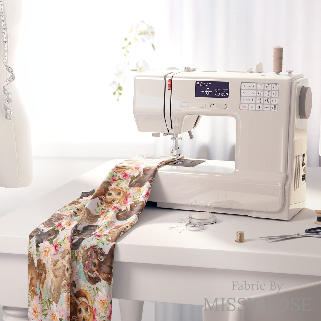 Design 451 Floral Sausage Dog Fabric on a sewing machine – premium fabric for sewing projects | Fabric by Missy Rose