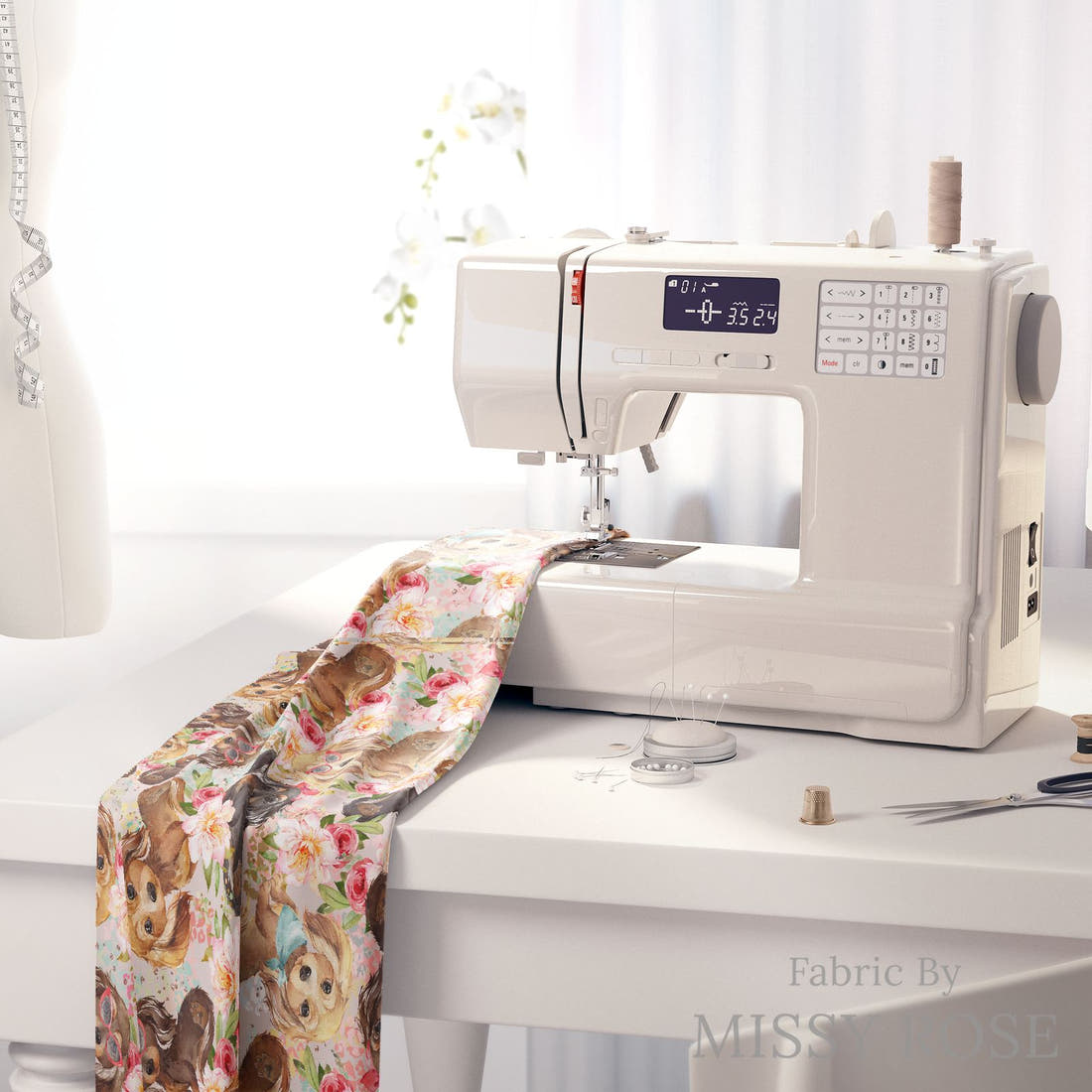 Design 451 Floral Sausage Dog Fabric on a sewing machine – premium fabric for sewing projects | Fabric by Missy Rose
