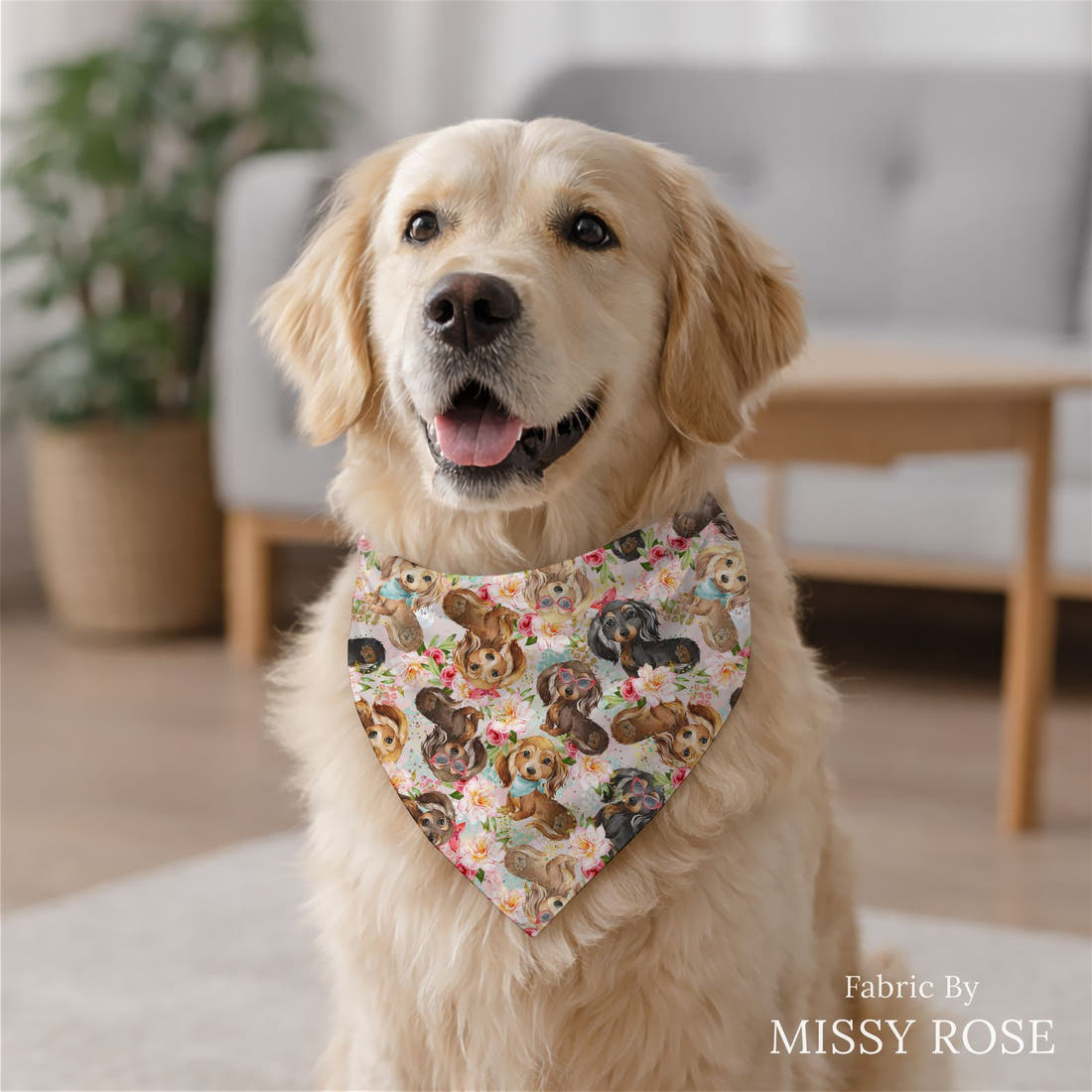 Design 451 Floral Sausage Dog Fabric sewn into a dog bandana – see how the print looks made up | Fabric by Missy Rose