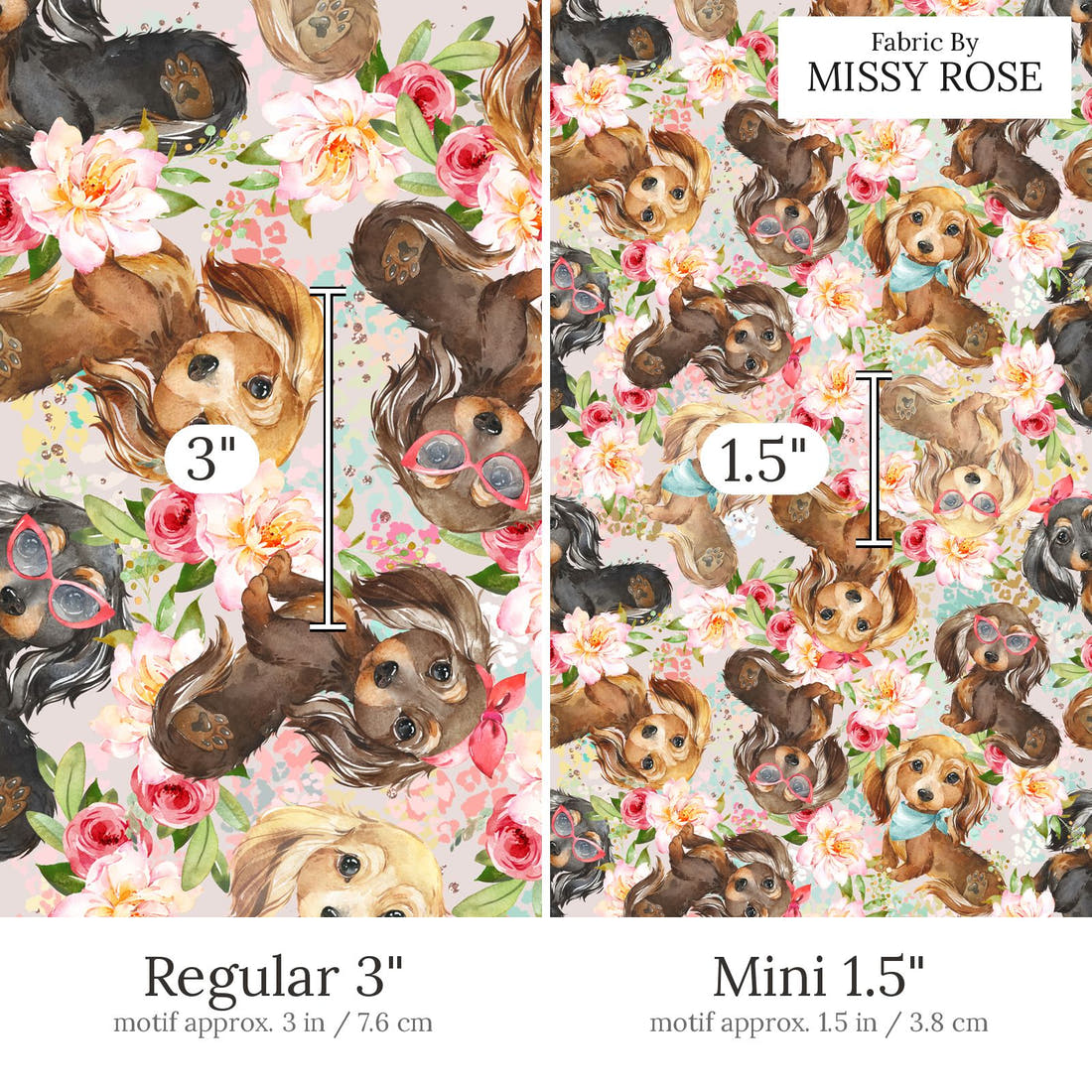 Design 451 Floral Sausage Dog Fabric Regular 3 inch vs Mini 1.5 inch print scale side by side | Fabric by Missy Rose