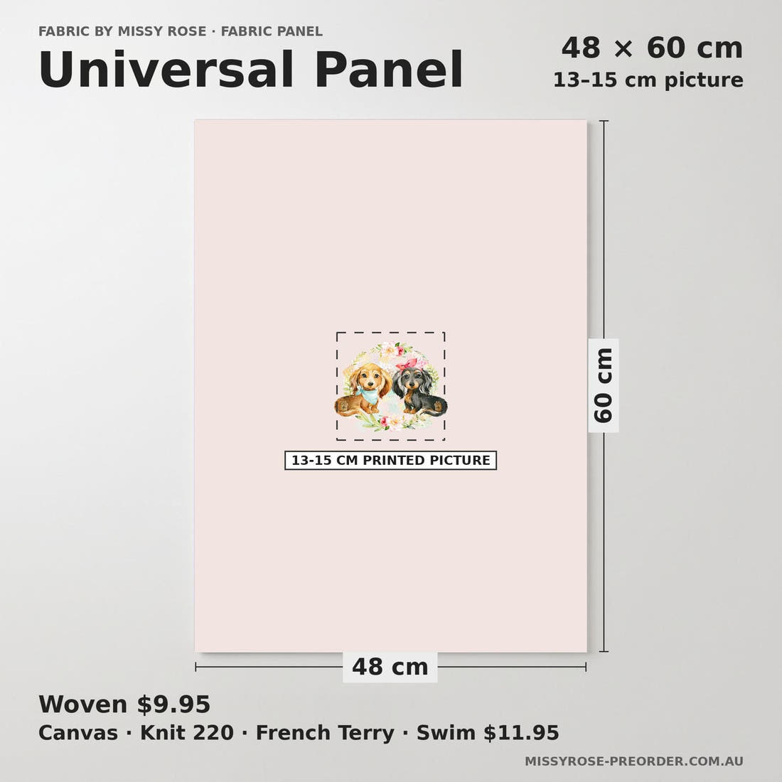 Design 451 Floral Sausage Dog Panel universal panel sizing – 13–15 cm printed picture on 48 × 60 cm fabric | Fabric by Missy Rose