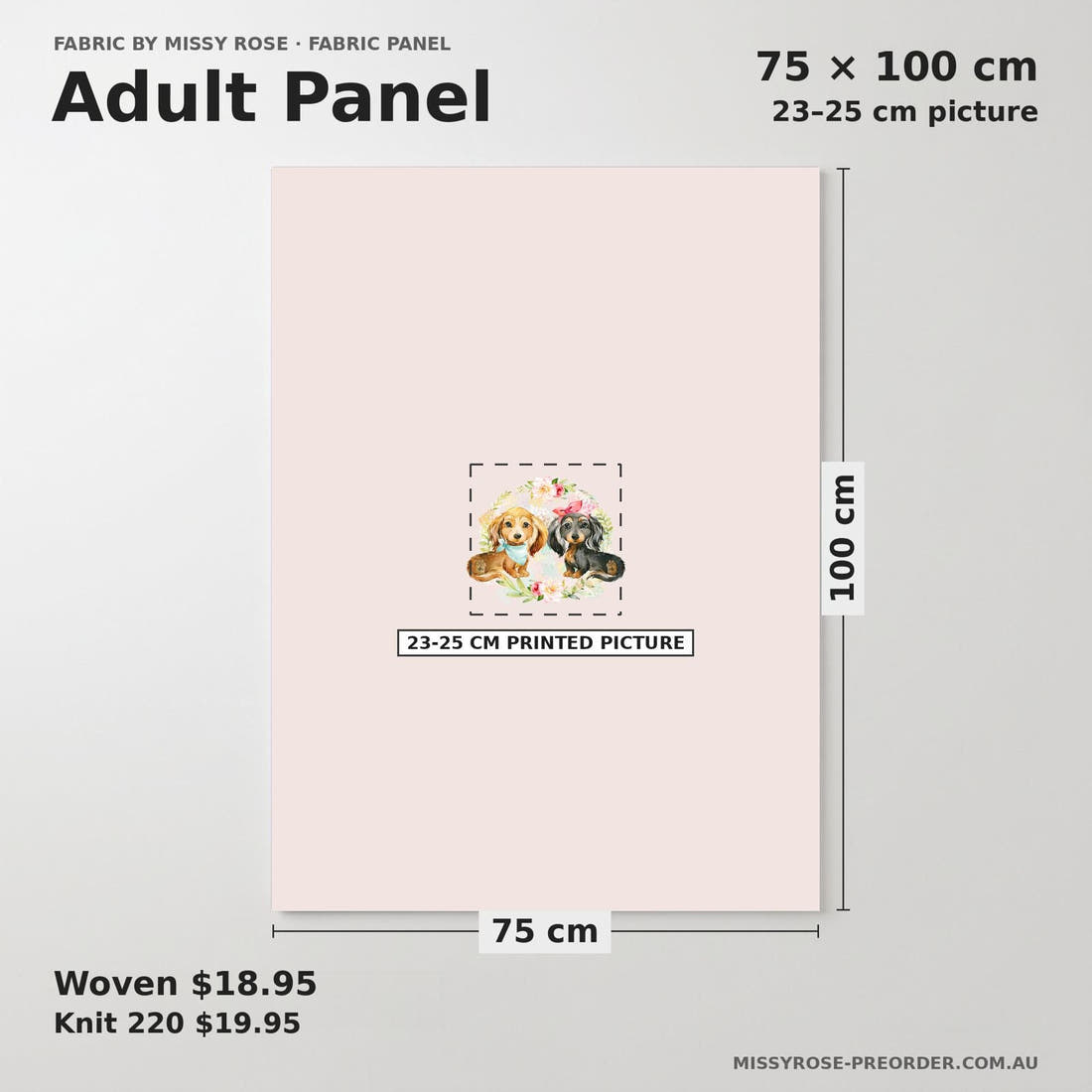 Design 451 Floral Sausage Dog Panel adult panel sizing – 23–25 cm printed picture on 75 × 100 cm fabric | Fabric by Missy Rose
