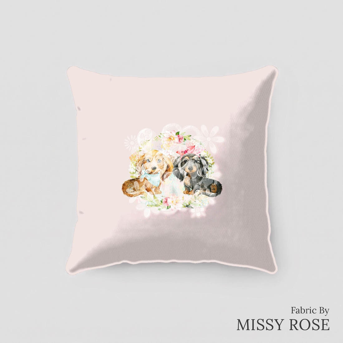 Design 451 Floral Sausage Dog Panel sewn into a cushion – see how the panel looks made up | Fabric by Missy Rose