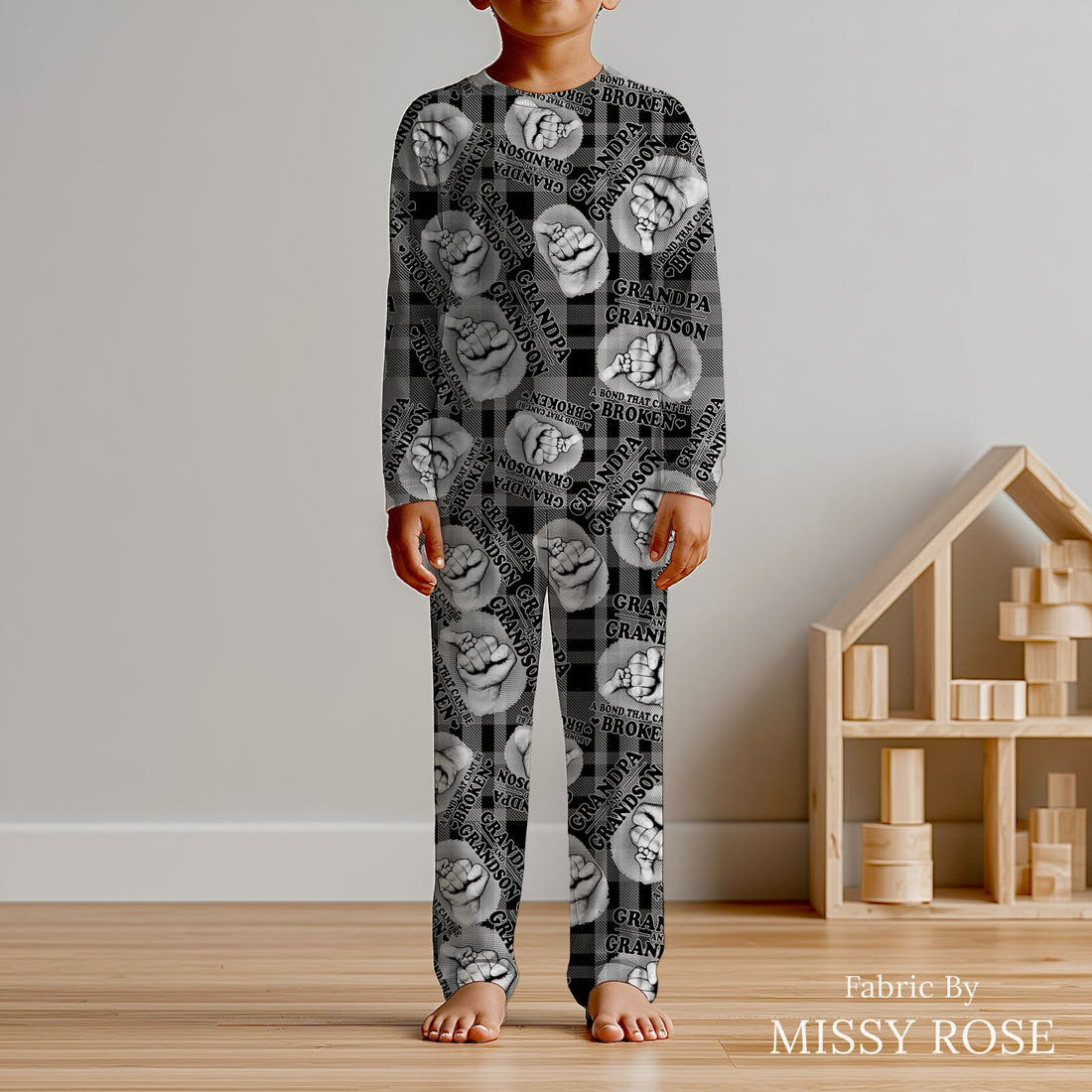 Design 452 Grandpa Fabric sewn into kids' pyjamas – see how the print looks made up | Fabric by Missy Rose