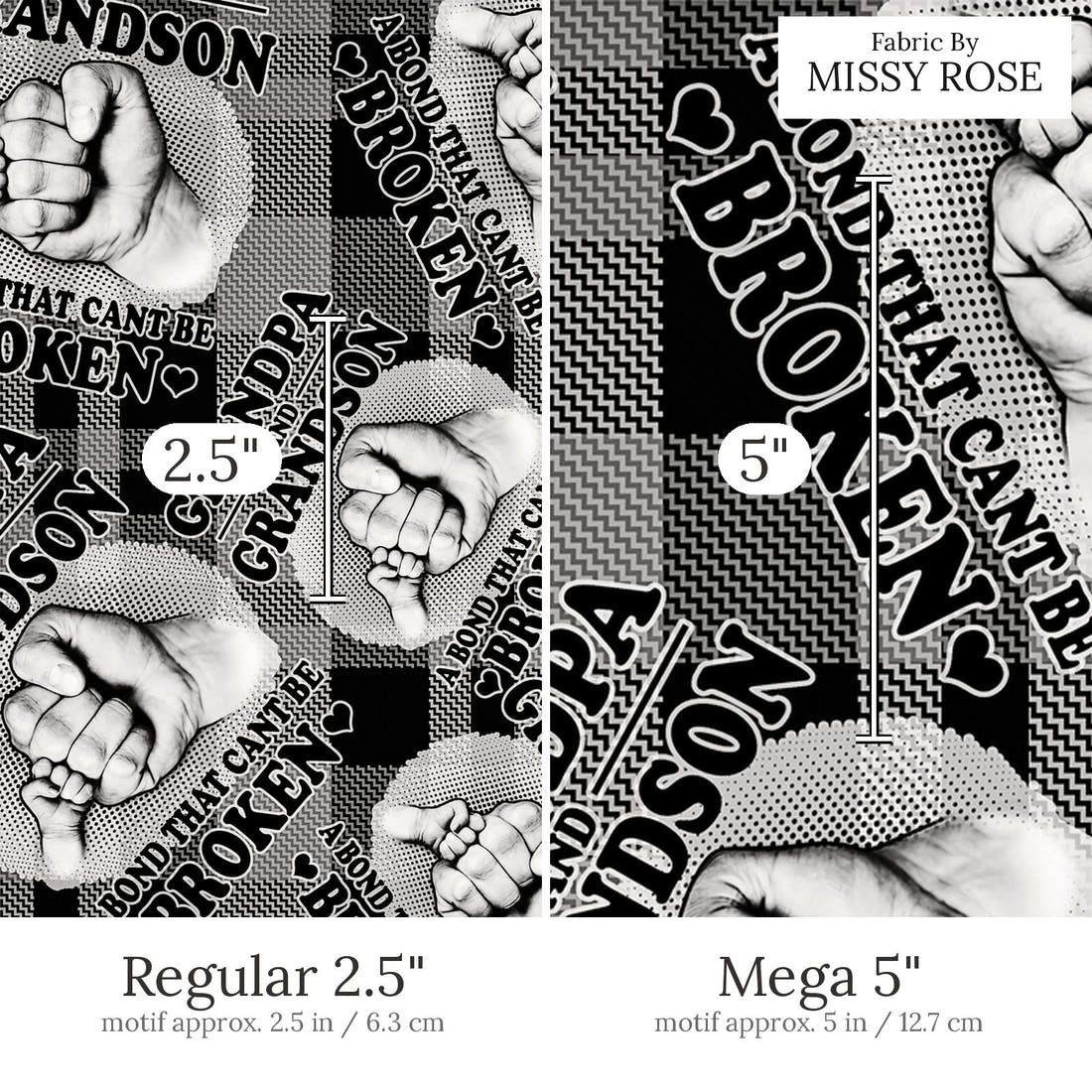 Design 452 Grandpa Fabric Regular 2.5 inch vs Mega 5 inch print scale side by side | Fabric by Missy Rose