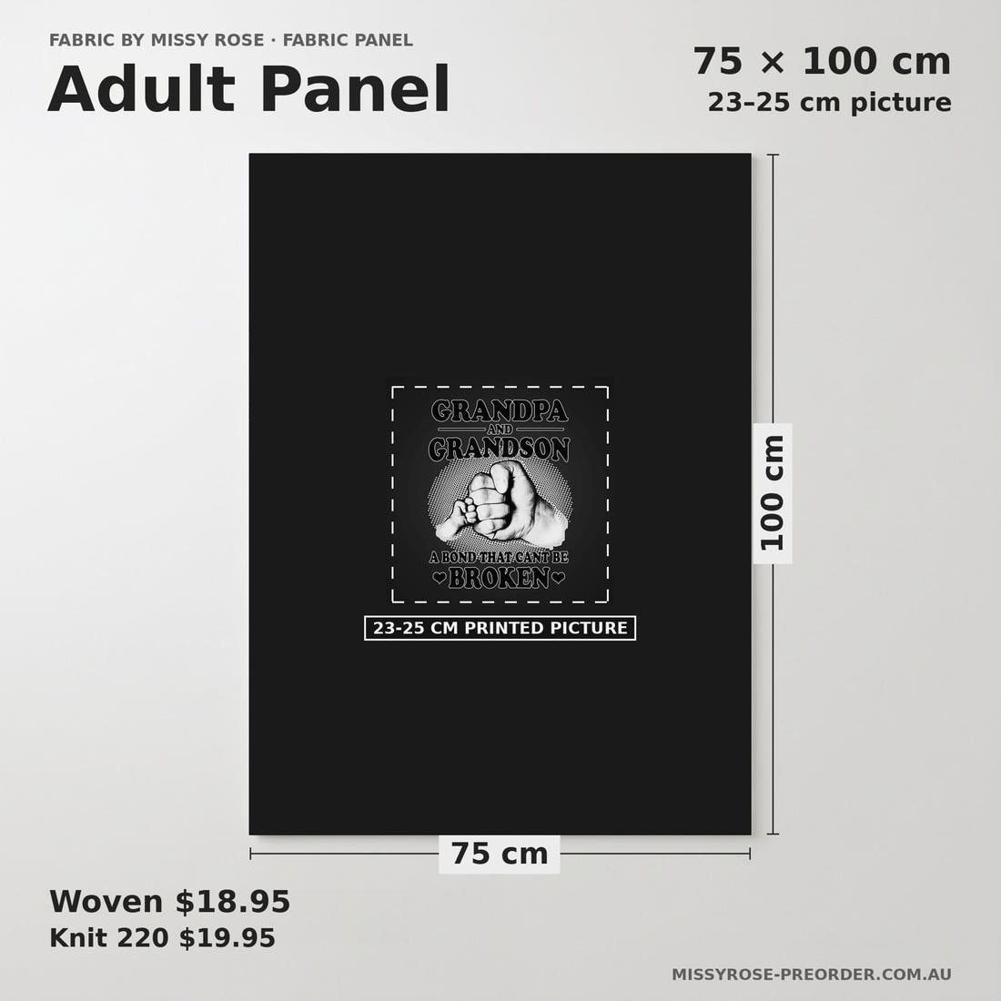 Design 452 Grandpa Panel adult panel sizing – 23–25 cm printed picture on 75 × 100 cm fabric | Fabric by Missy Rose