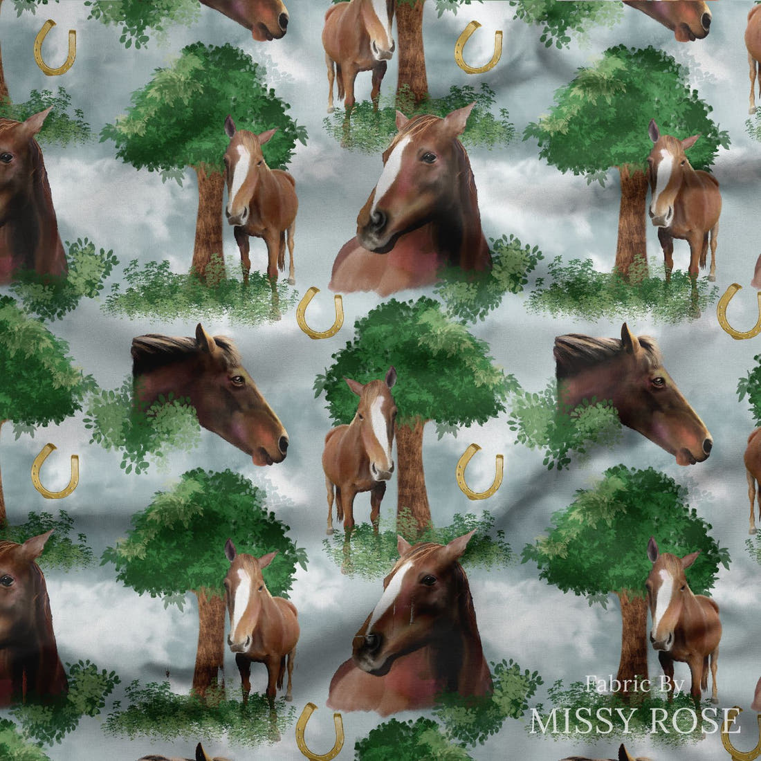 Design 453 Horse Fabric draped fabric mockup – custom printed fabric by the metre | Fabric by Missy Rose