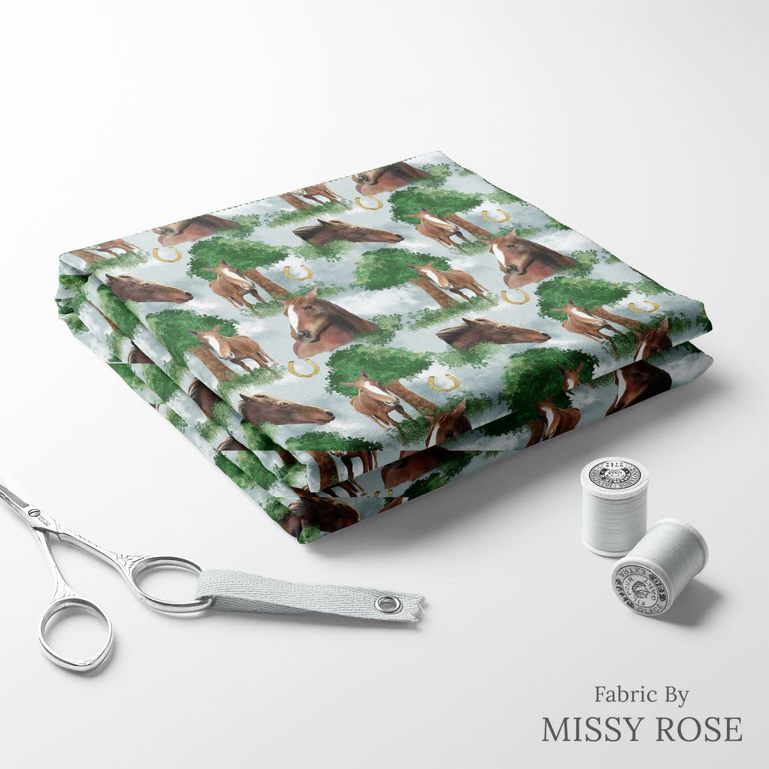 Design 453 Horse Fabric folded fabric stack with matching thread – pre-order fabric Australia | Fabric by Missy Rose