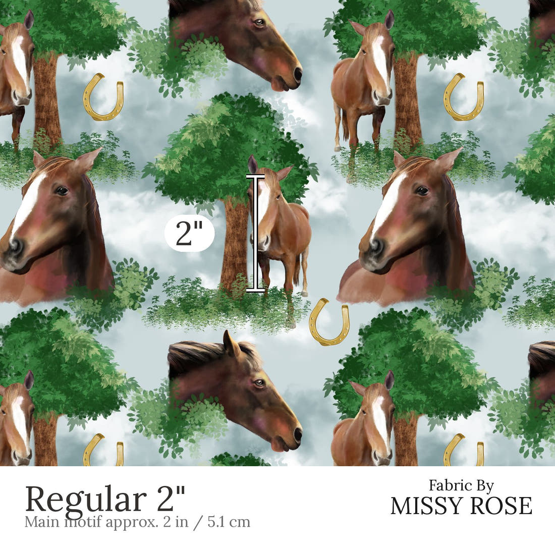 Design 453 Horse Fabric Regular 2 inch print scale guide | Fabric by Missy Rose