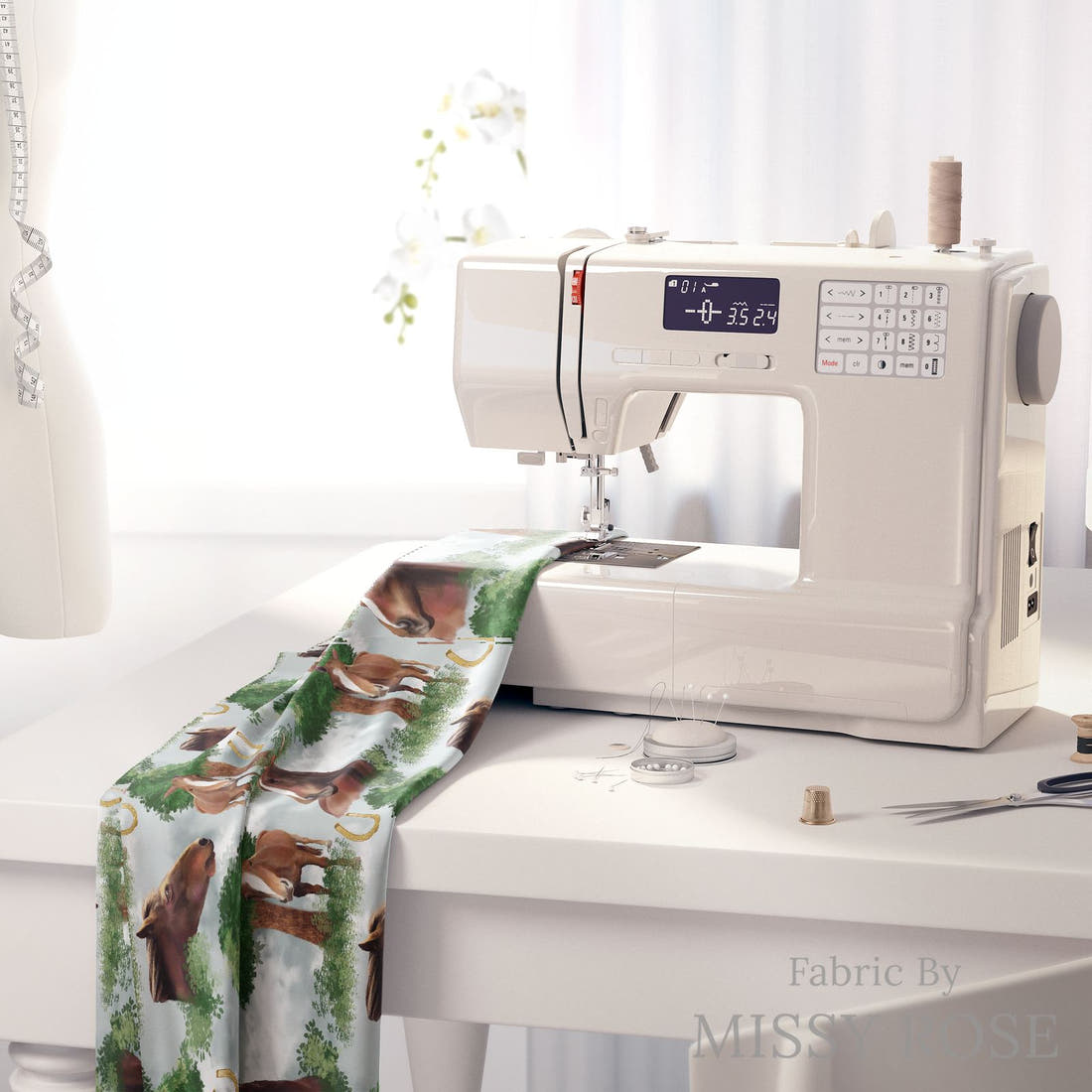 Design 453 Horse Fabric on a sewing machine – premium fabric for sewing projects | Fabric by Missy Rose