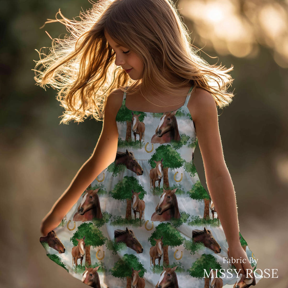 Design 453 Horse Fabric sewn into a girls' dress – see how the print looks made up | Fabric by Missy Rose