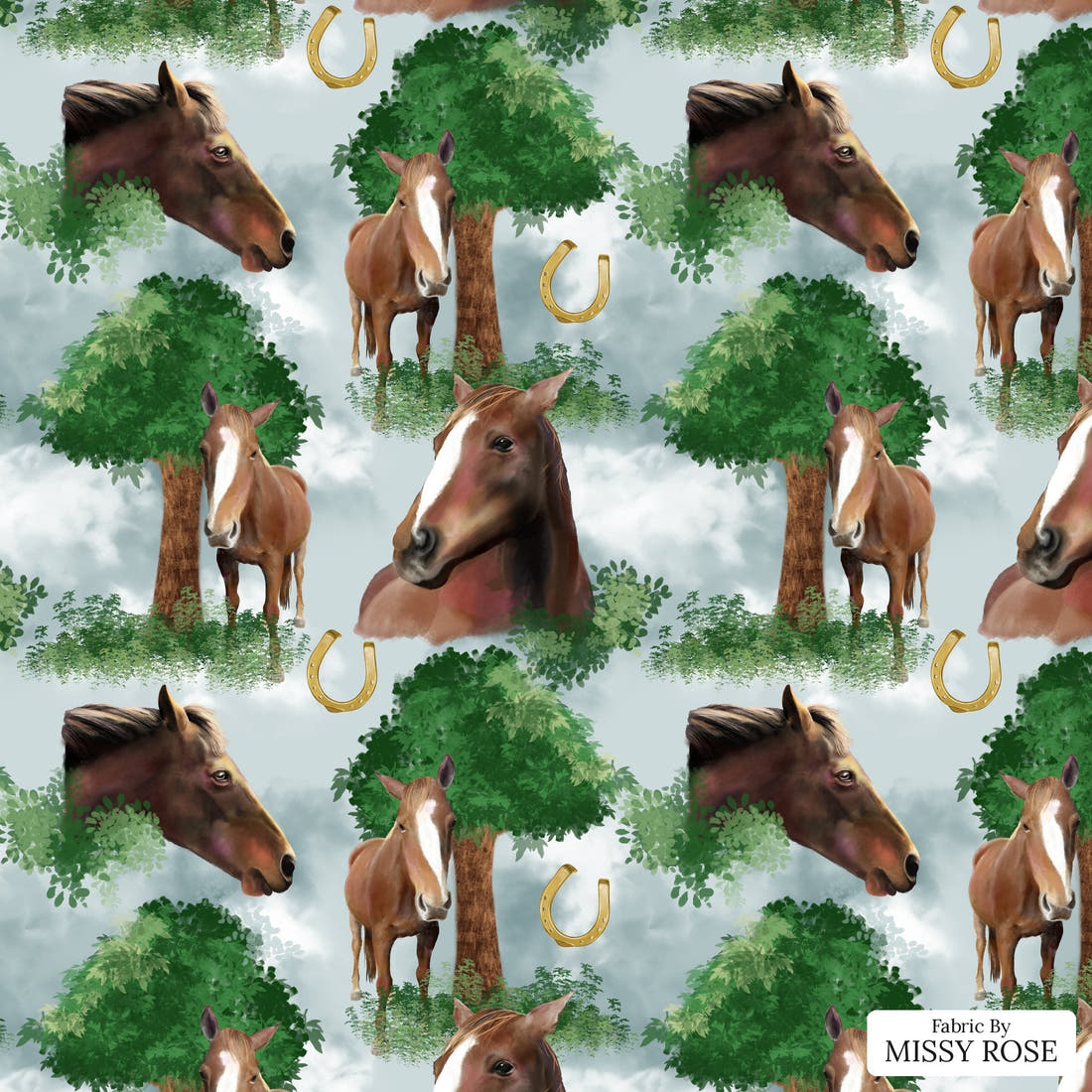 Design 453 Horse Fabric - flat view of the print, zoom in for detail | Fabric by Missy Rose