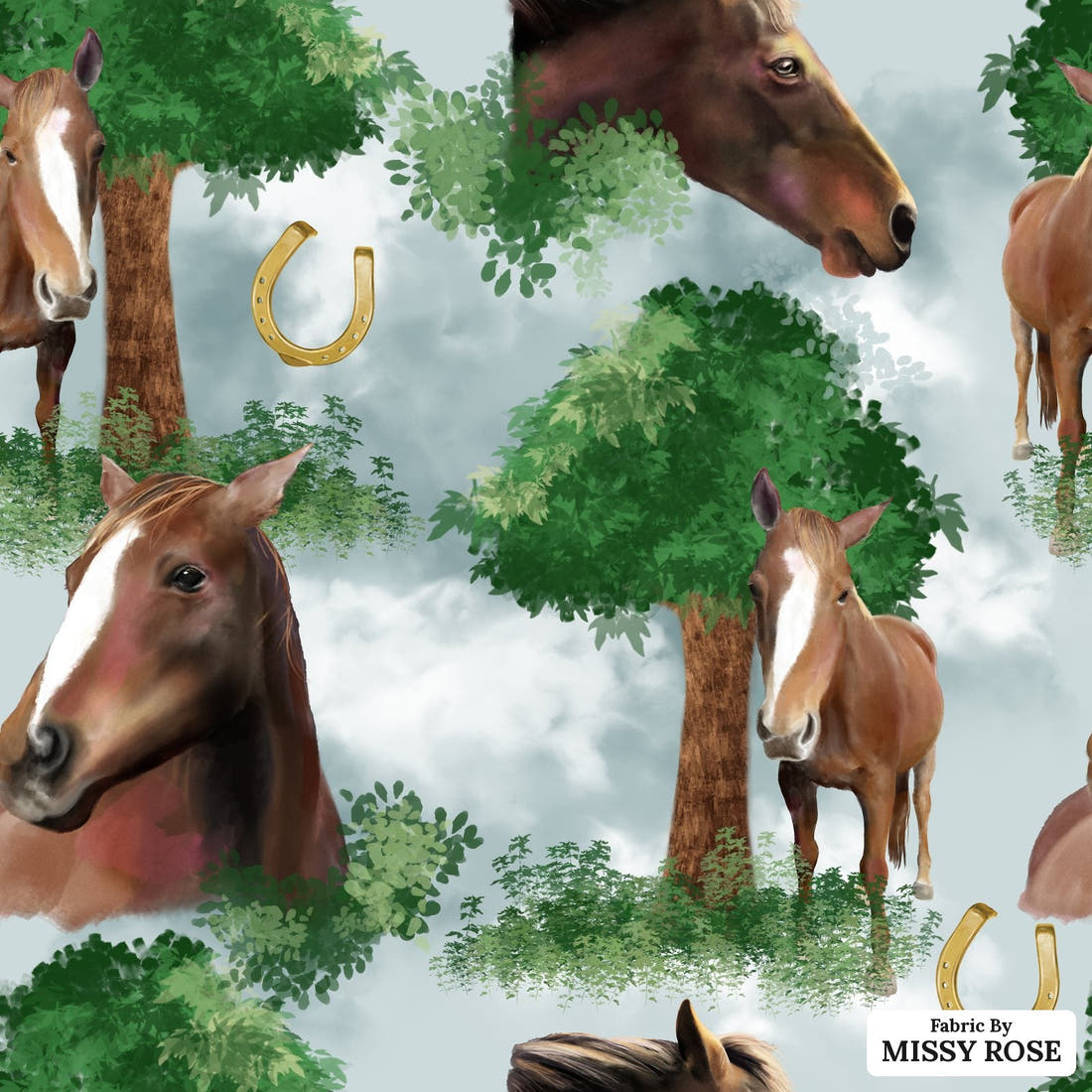 Design 453 Horse Fabric - flat view of the print, zoom in for detail | Fabric by Missy Rose