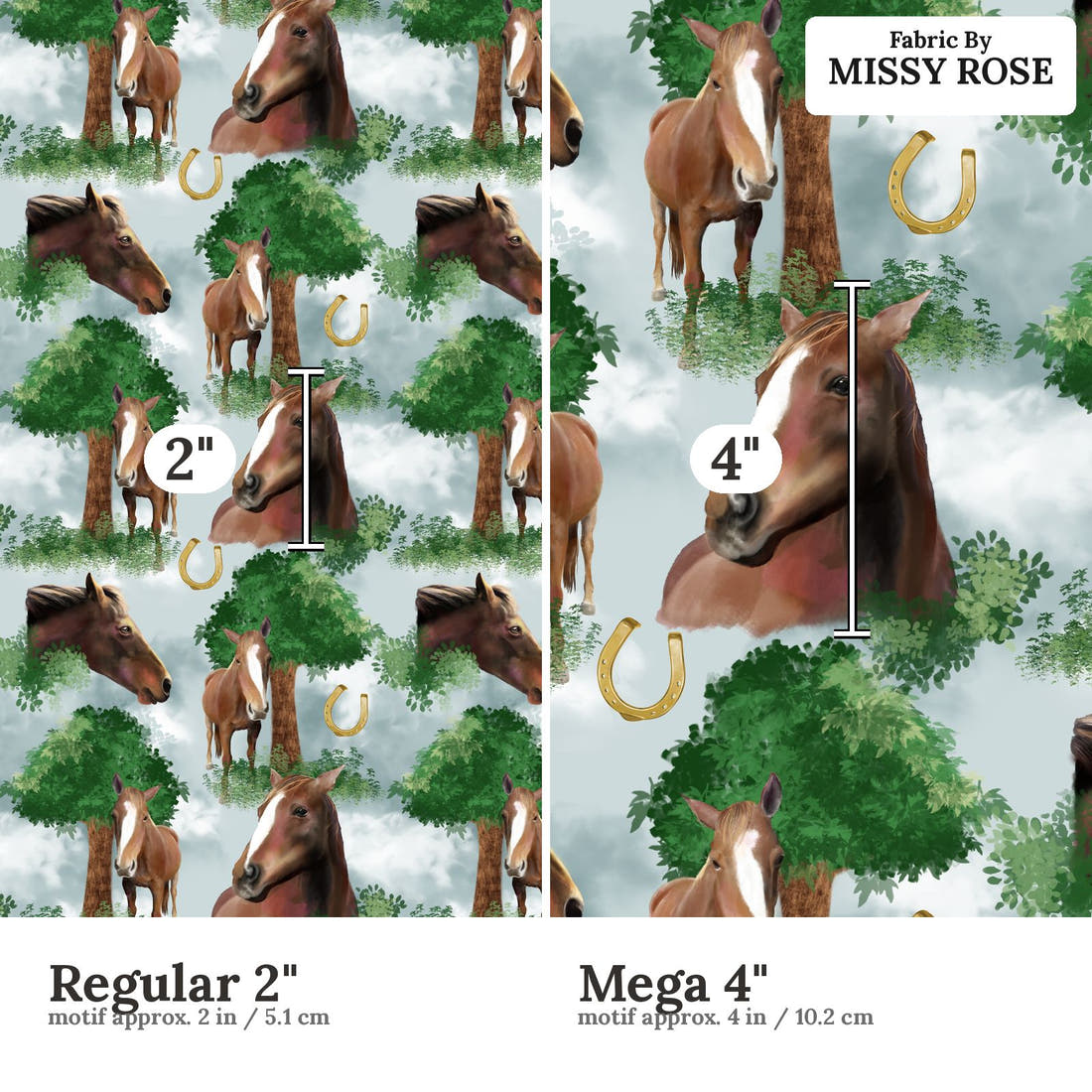 Design 453 Horse Fabric size comparison - print scale | Fabric by Missy Rose