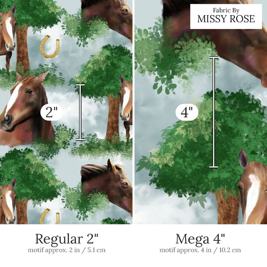 Design 453 Horse Fabric Regular 2 inch vs Mega 4 inch print scale side by side | Fabric by Missy Rose