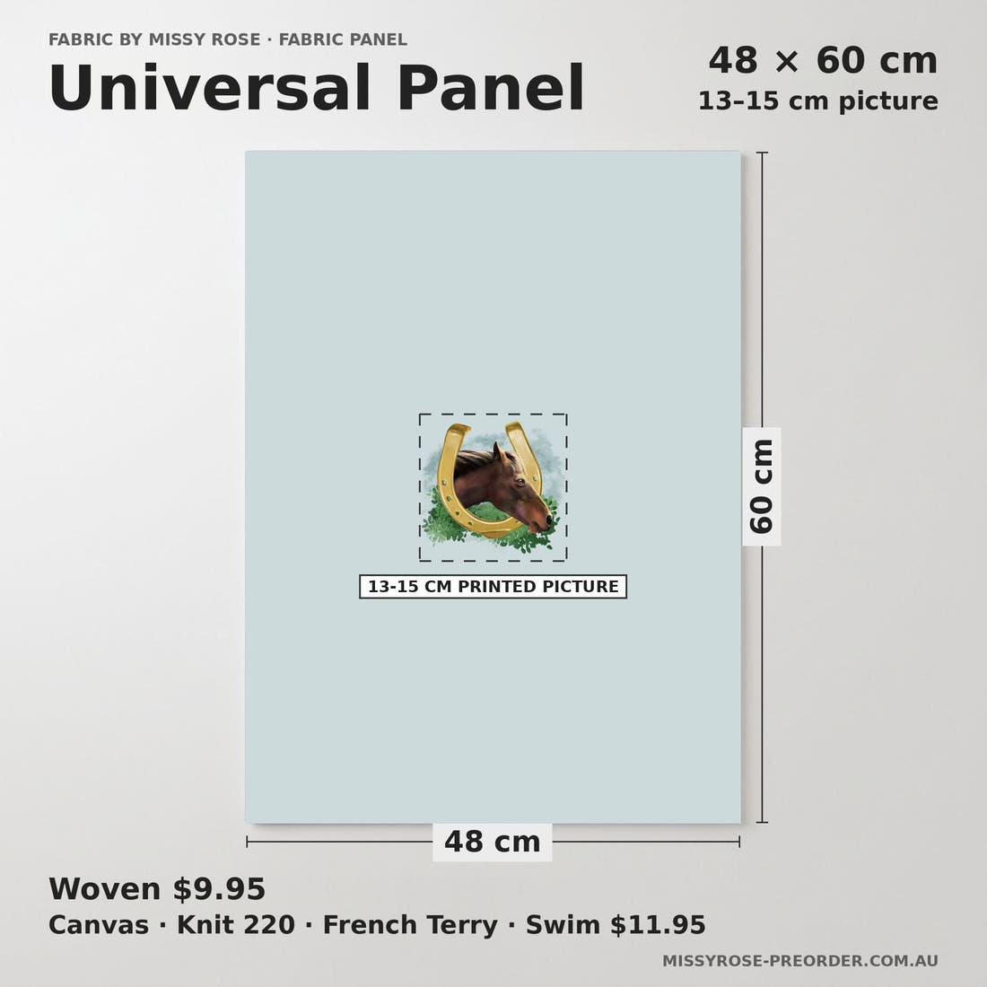Design 453 Horse Panel universal panel sizing – 13–15 cm printed picture on 48 × 60 cm fabric | Fabric by Missy Rose