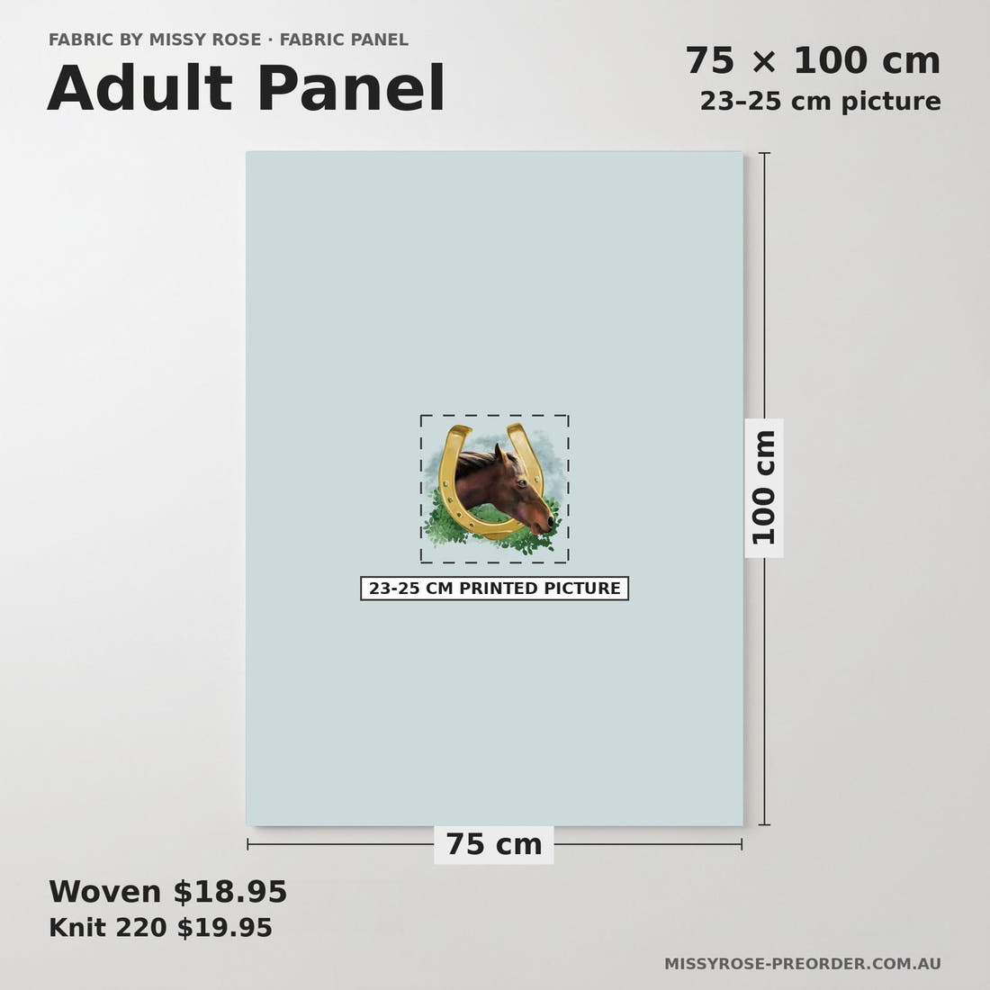 Design 453 Horse Panel adult panel sizing – 23–25 cm printed picture on 75 × 100 cm fabric | Fabric by Missy Rose