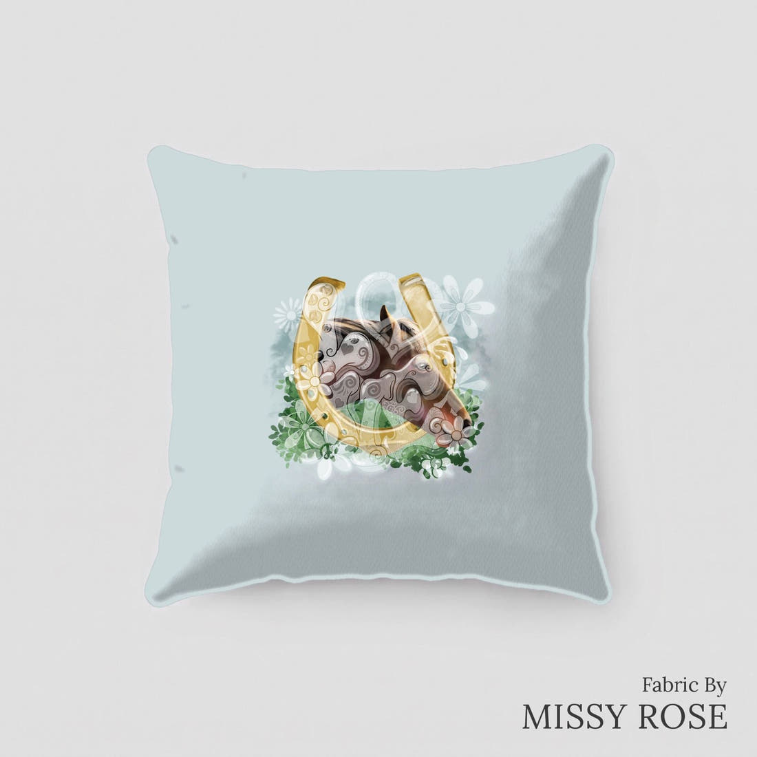 Design 453 Horse Panel sewn into a cushion – see how the panel looks made up | Fabric by Missy Rose
