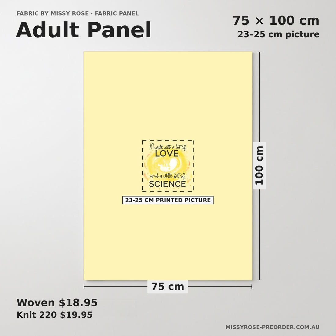 Design 454 Yellow IVF Panel adult panel sizing – 23–25 cm printed picture on 75 × 100 cm fabric | Fabric by Missy Rose