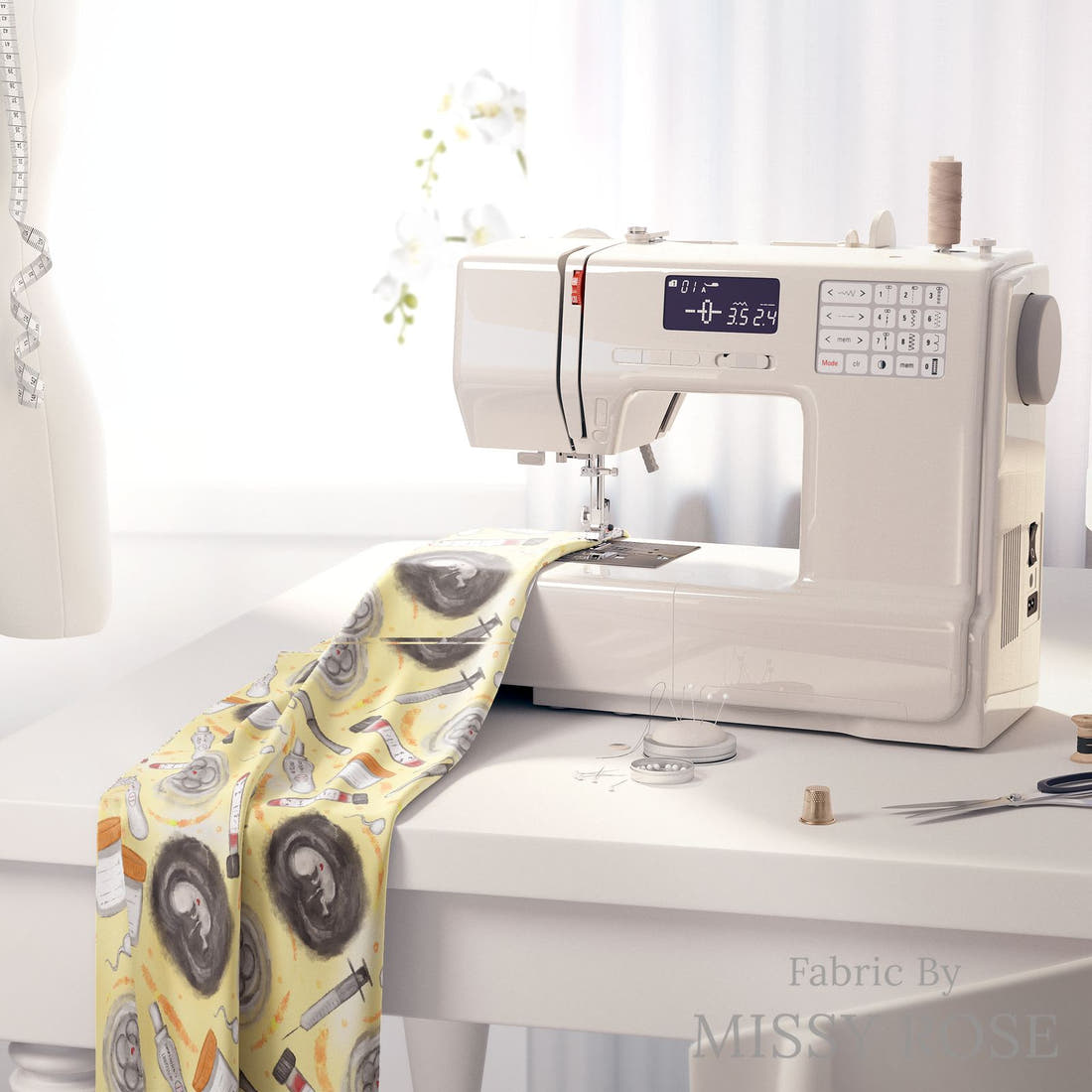Design 454 Yellow IVF Fabric on a sewing machine – premium fabric for sewing projects | Fabric by Missy Rose