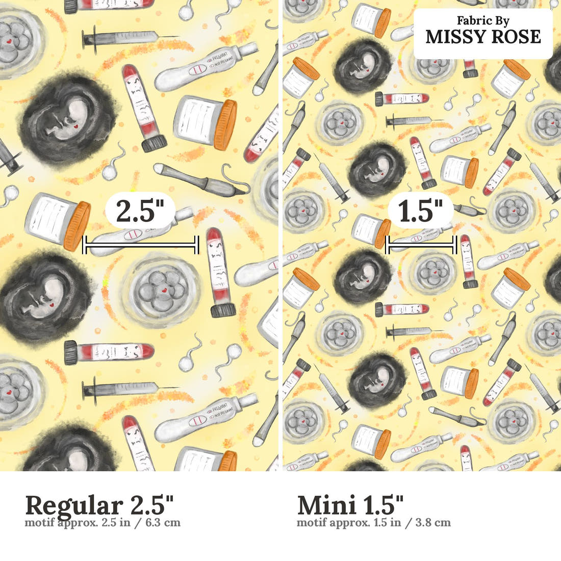 Design 454 Yellow IVF Fabric size comparison - print scale | Fabric by Missy Rose
