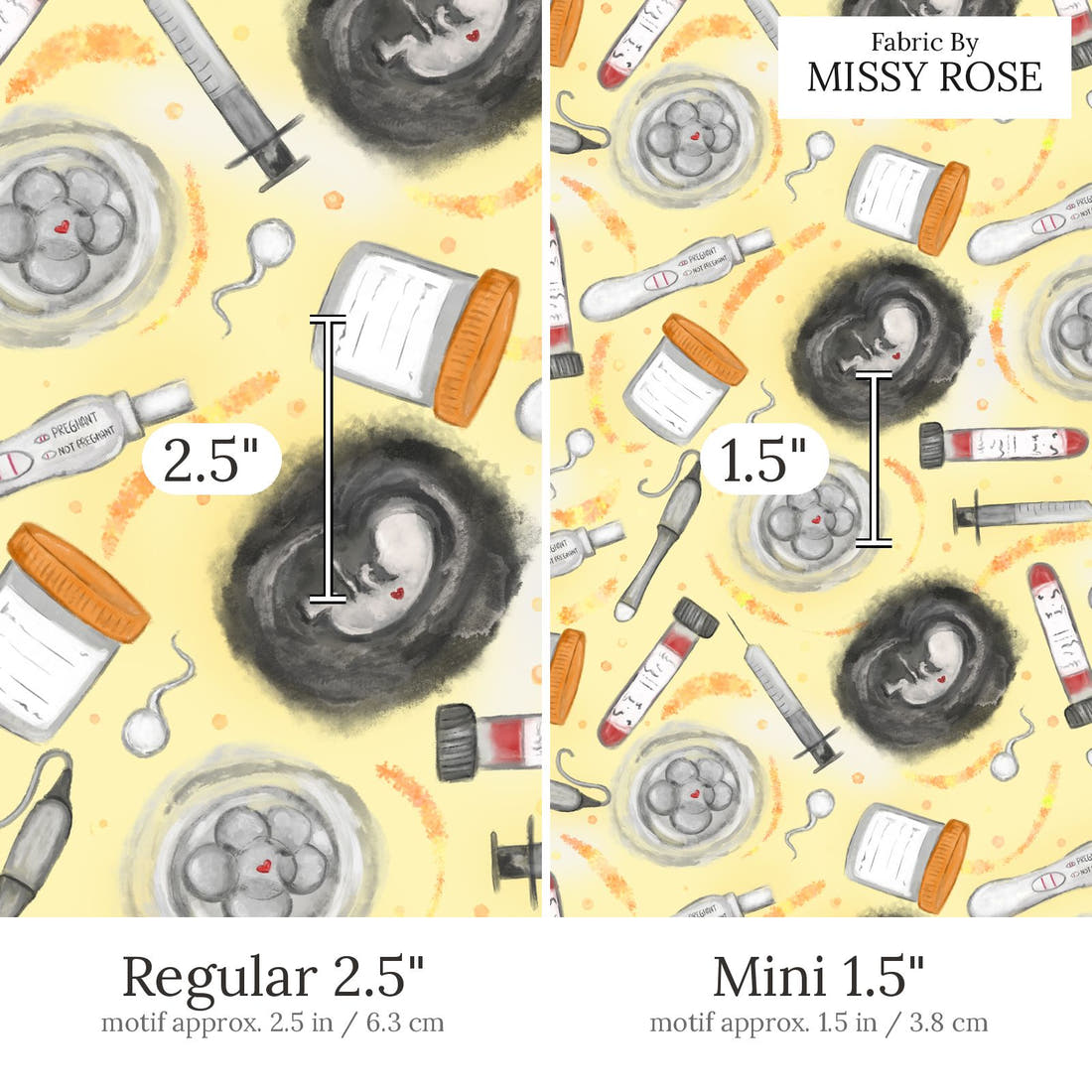 Design 454 Yellow IVF Fabric Regular 2.5 inch vs Mini 1.5 inch print scale side by side | Fabric by Missy Rose