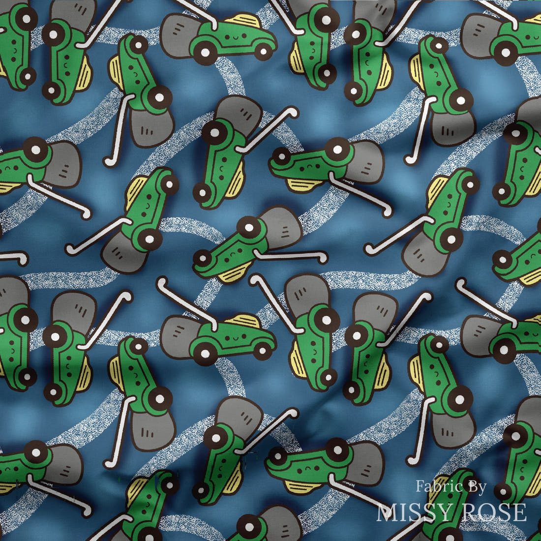 Design 455 Lawnmower Fabric draped fabric mockup – custom printed fabric by the metre | Fabric by Missy Rose