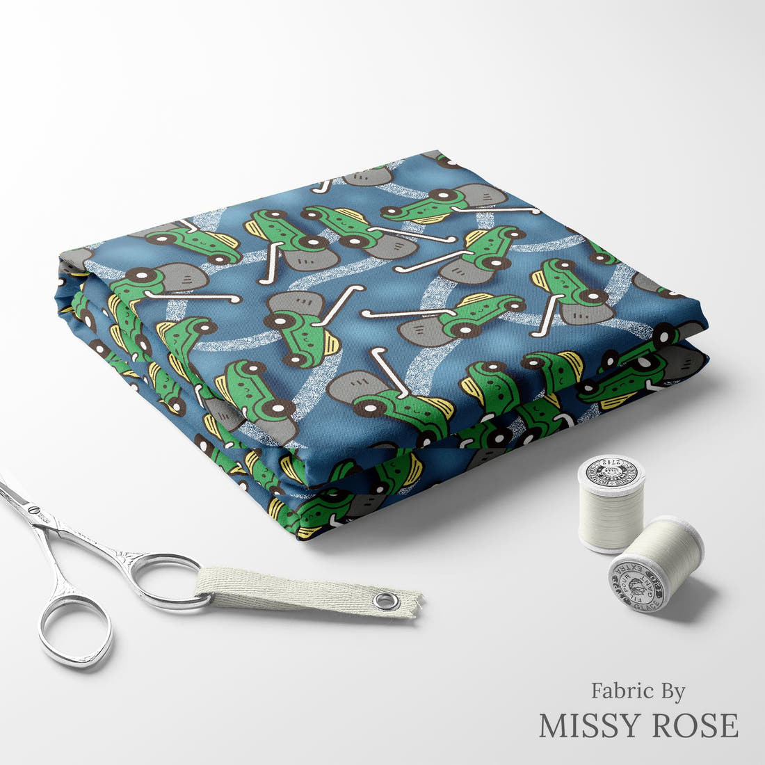 Design 455 Lawnmower Fabric folded fabric stack with matching thread – pre-order fabric Australia | Fabric by Missy Rose