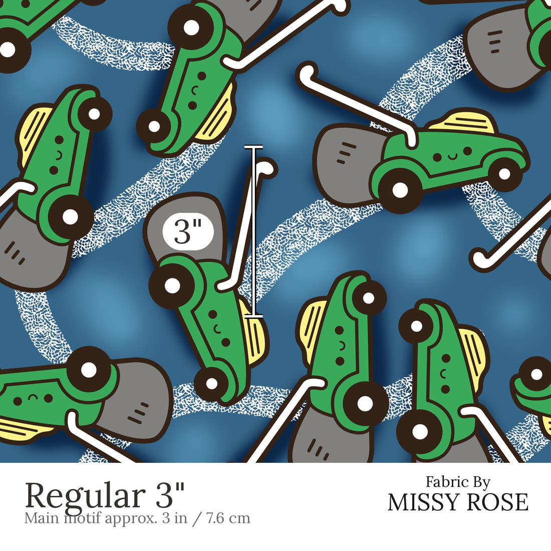 Design 455 Lawnmower Fabric Regular 3 inch print scale guide | Fabric by Missy Rose