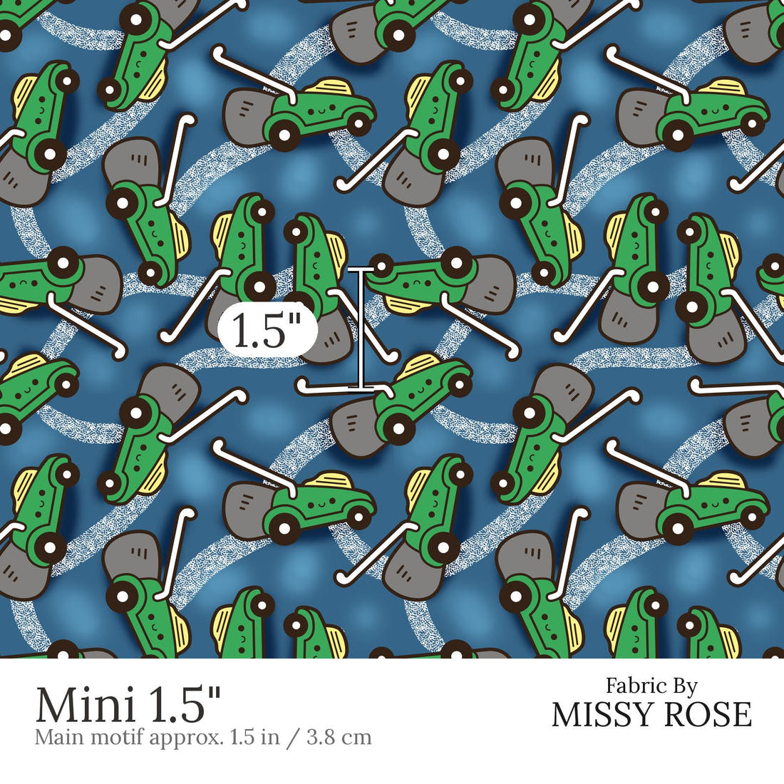 Design 455 Lawnmower Fabric Mini 1.5 inch print scale guide | Fabric by Missy Rose