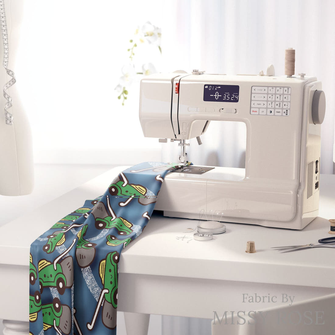 Design 455 Lawnmower Fabric on a sewing machine – premium fabric for sewing projects | Fabric by Missy Rose