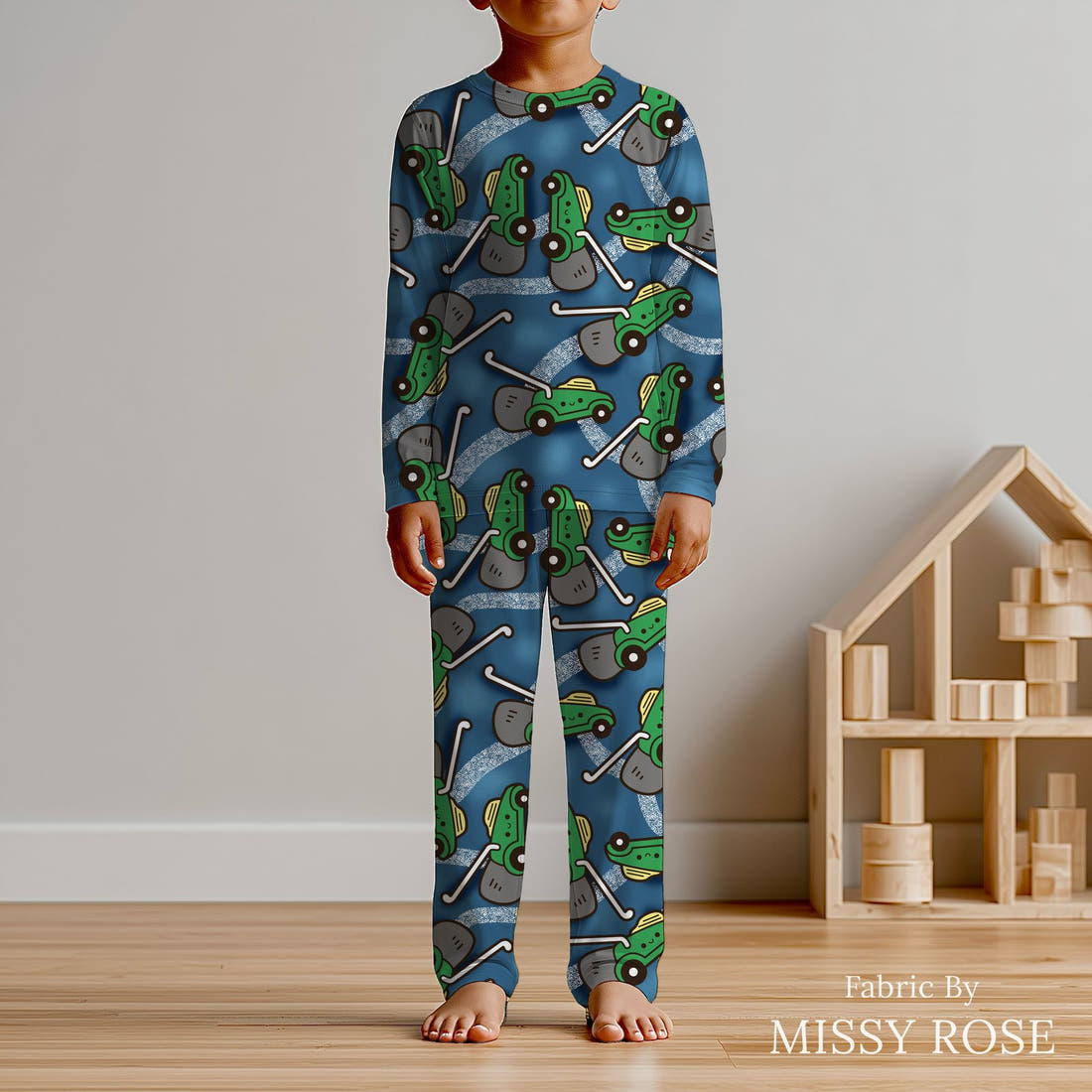 Design 455 Lawnmower Fabric sewn into kids' pyjamas – see how the print looks made up | Fabric by Missy Rose