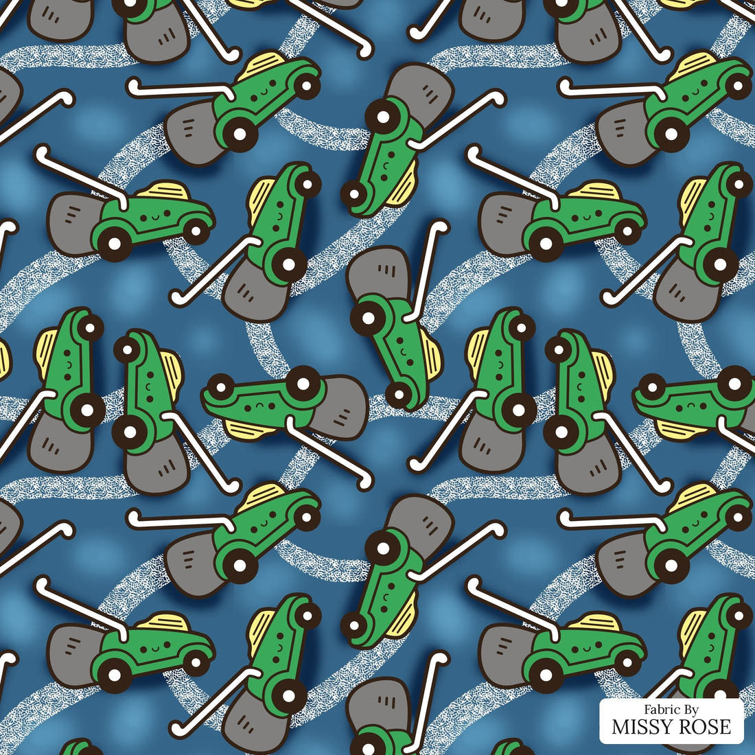 Design 455 Lawnmower Fabric - flat view of the print, zoom in for detail | Fabric by Missy Rose