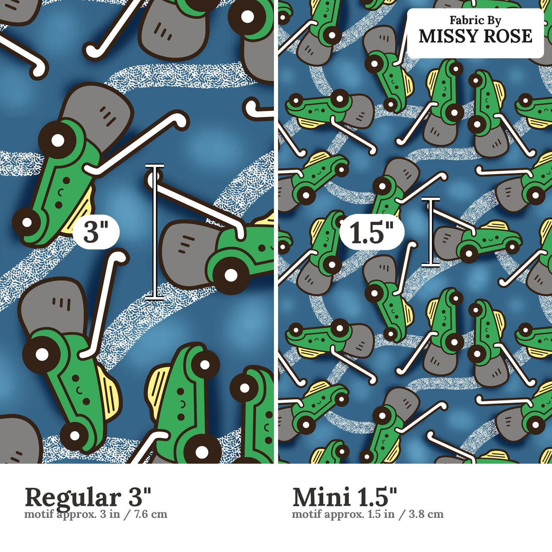 Design 455 Lawnmower Fabric size comparison - print scale | Fabric by Missy Rose