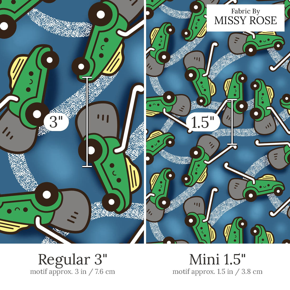 Design 455 Lawnmower Fabric Regular 3 inch vs Mini 1.5 inch print scale side by side | Fabric by Missy Rose
