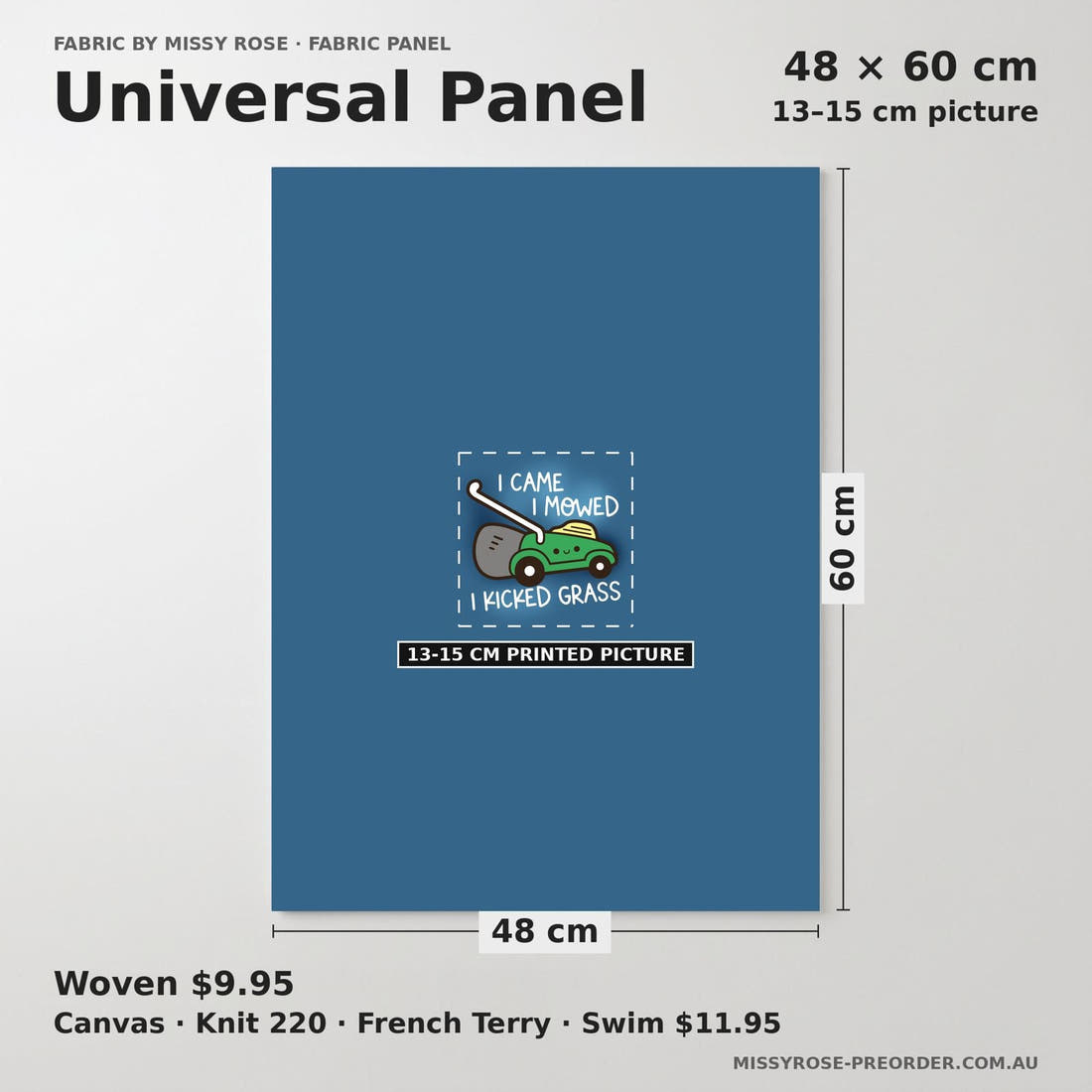 Design 455 Lawnmower Panel universal panel sizing – 13–15 cm printed picture on 48 × 60 cm fabric | Fabric by Missy Rose
