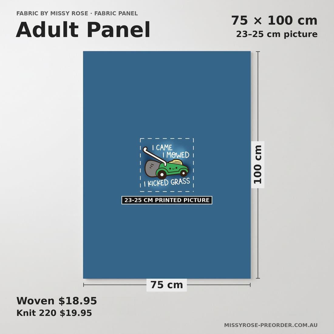 Design 455 Lawnmower Panel adult panel sizing – 23–25 cm printed picture on 75 × 100 cm fabric | Fabric by Missy Rose