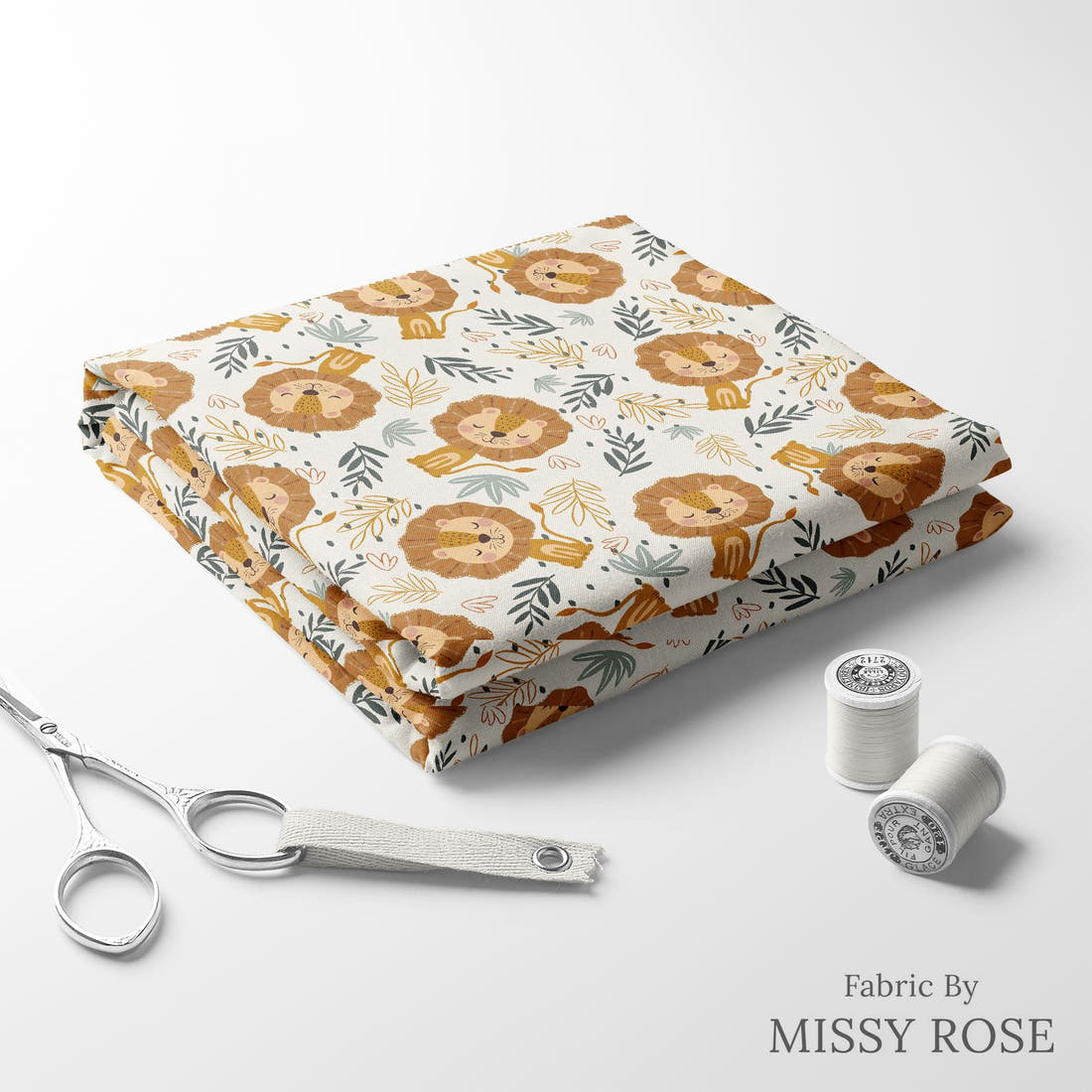 Design 456 Lion Fabric folded fabric stack with matching thread – pre-order fabric Australia | Fabric by Missy Rose