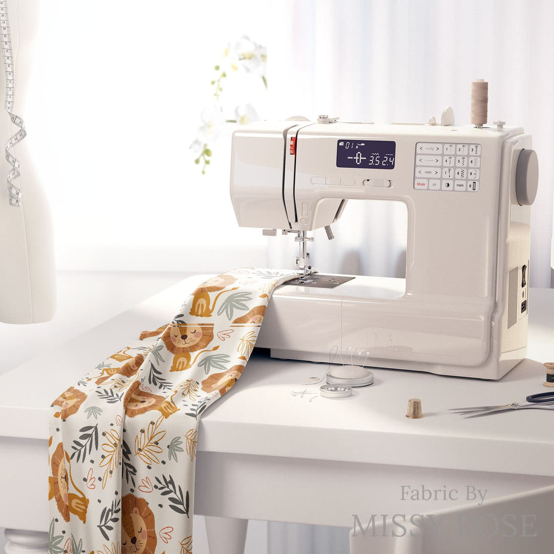Design 456 Lion Fabric on a sewing machine – premium fabric for sewing projects | Fabric by Missy Rose
