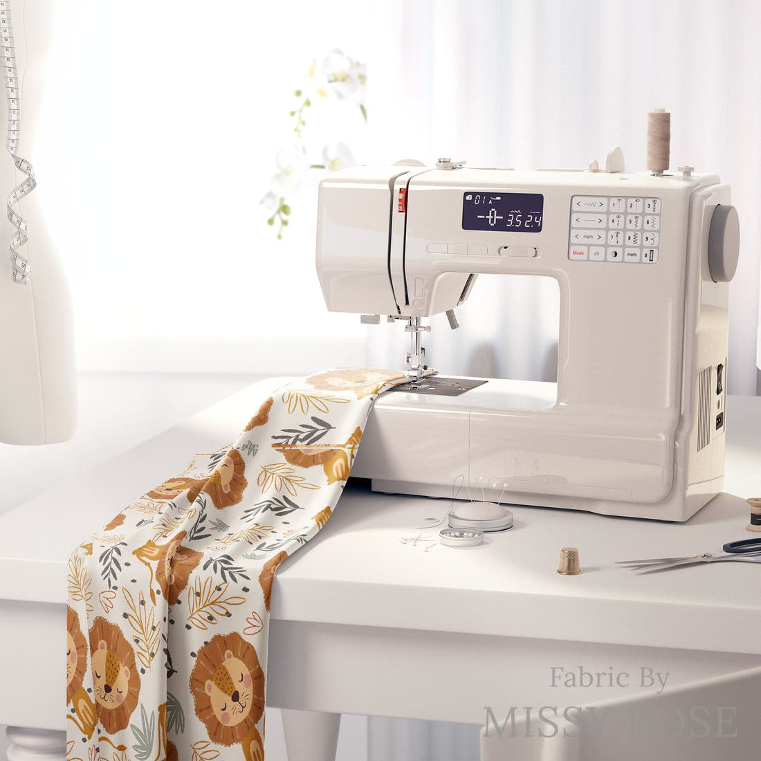 Design 456 Lion Fabric on a sewing machine – premium fabric for sewing projects | Fabric by Missy Rose