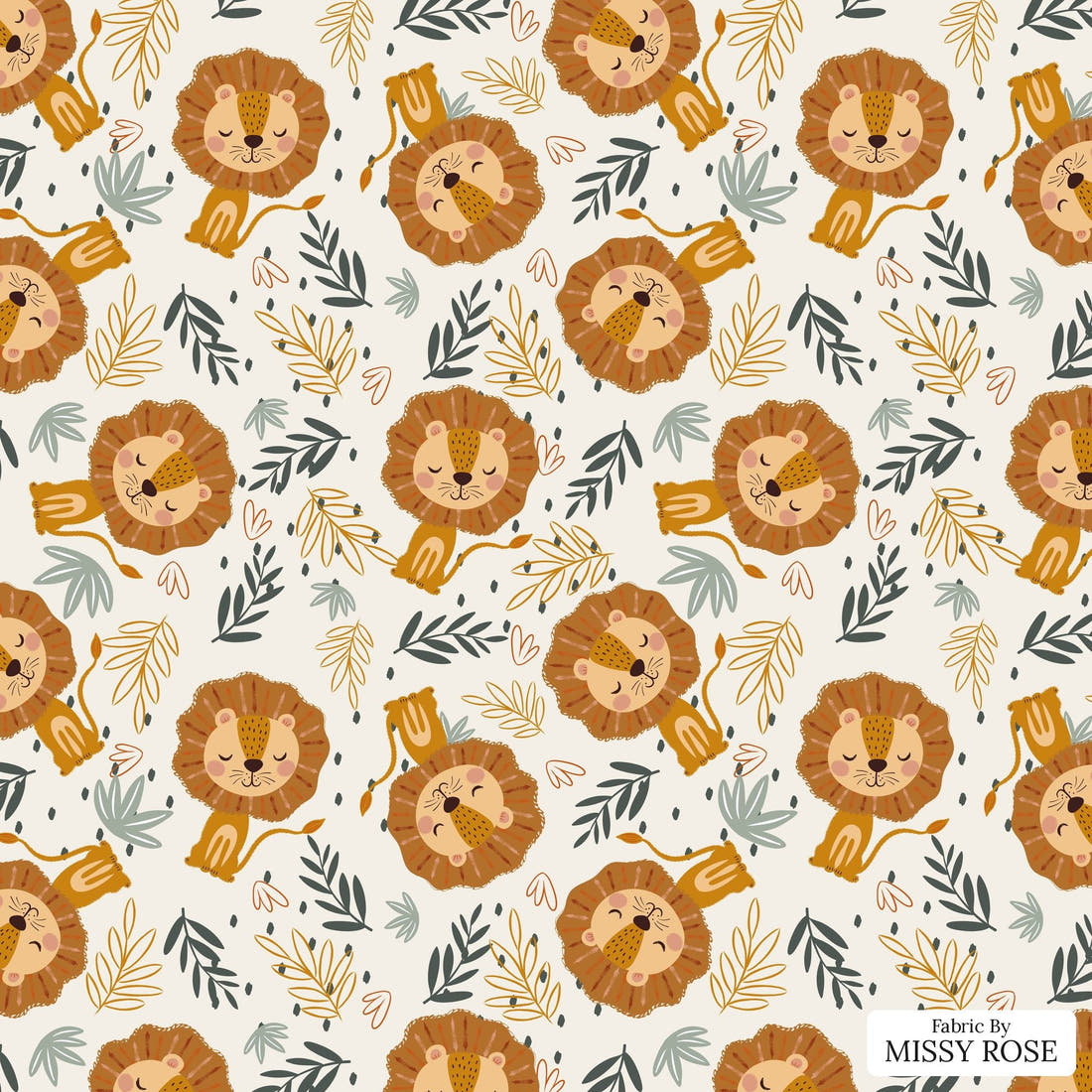 Design 456 Lion Fabric - flat view of the print, zoom in for detail | Fabric by Missy Rose