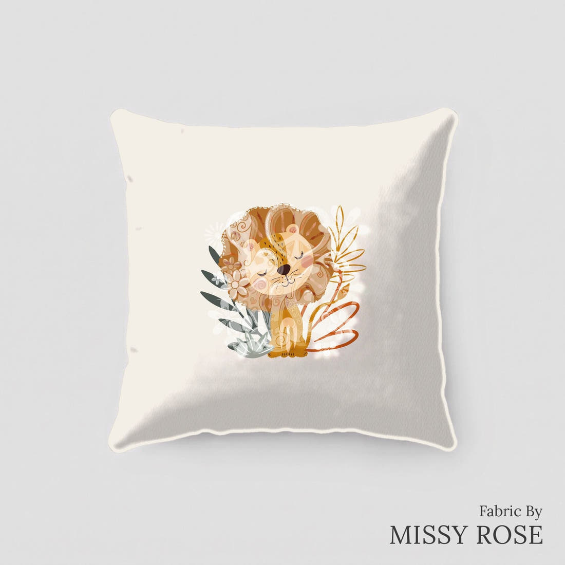 Design 456 Lion Panel sewn into a cushion – see how the panel looks made up | Fabric by Missy Rose