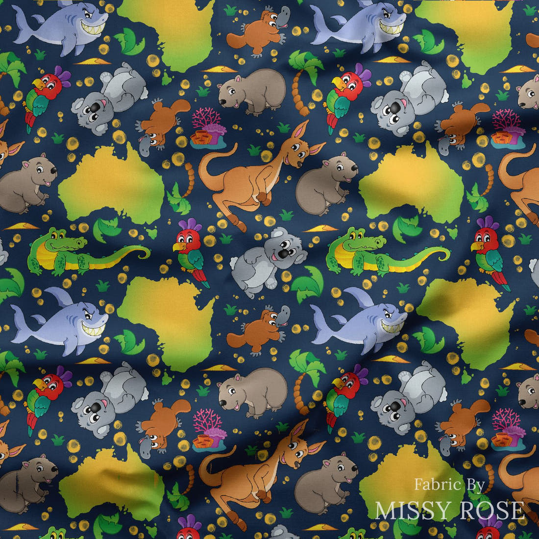 Design 457 Navy Map Fabric draped fabric mockup – custom printed fabric by the metre | Fabric by Missy Rose