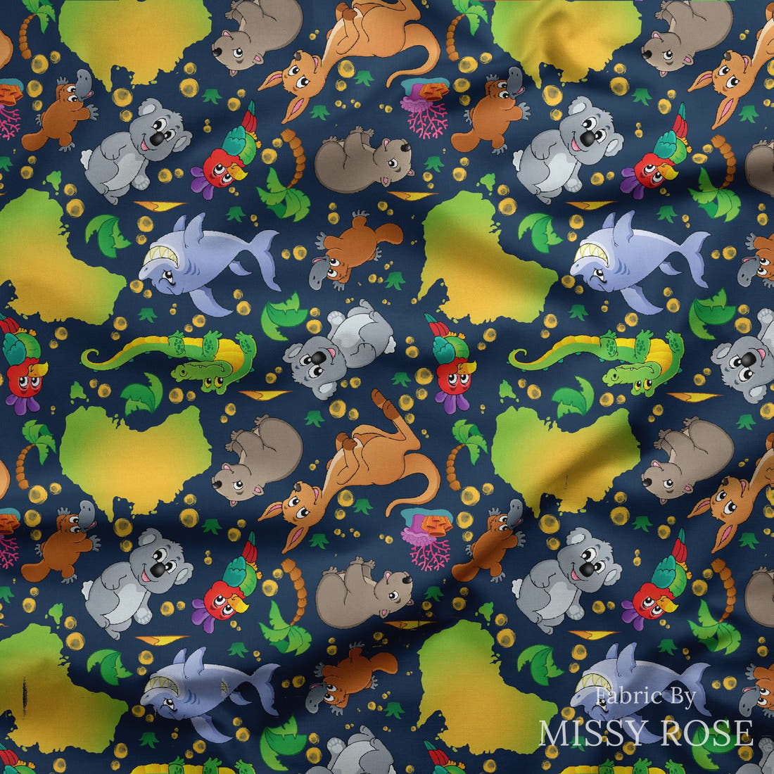 Design 457 Navy Map Fabric draped fabric mockup – custom printed fabric by the metre | Fabric by Missy Rose