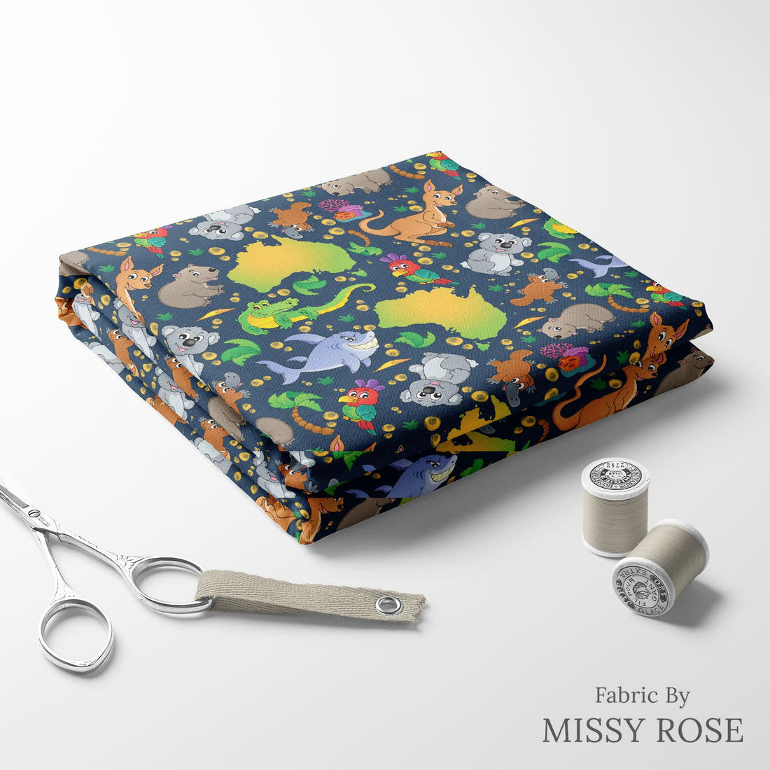 Design 457 Navy Map Fabric folded fabric stack with matching thread – pre-order fabric Australia | Fabric by Missy Rose
